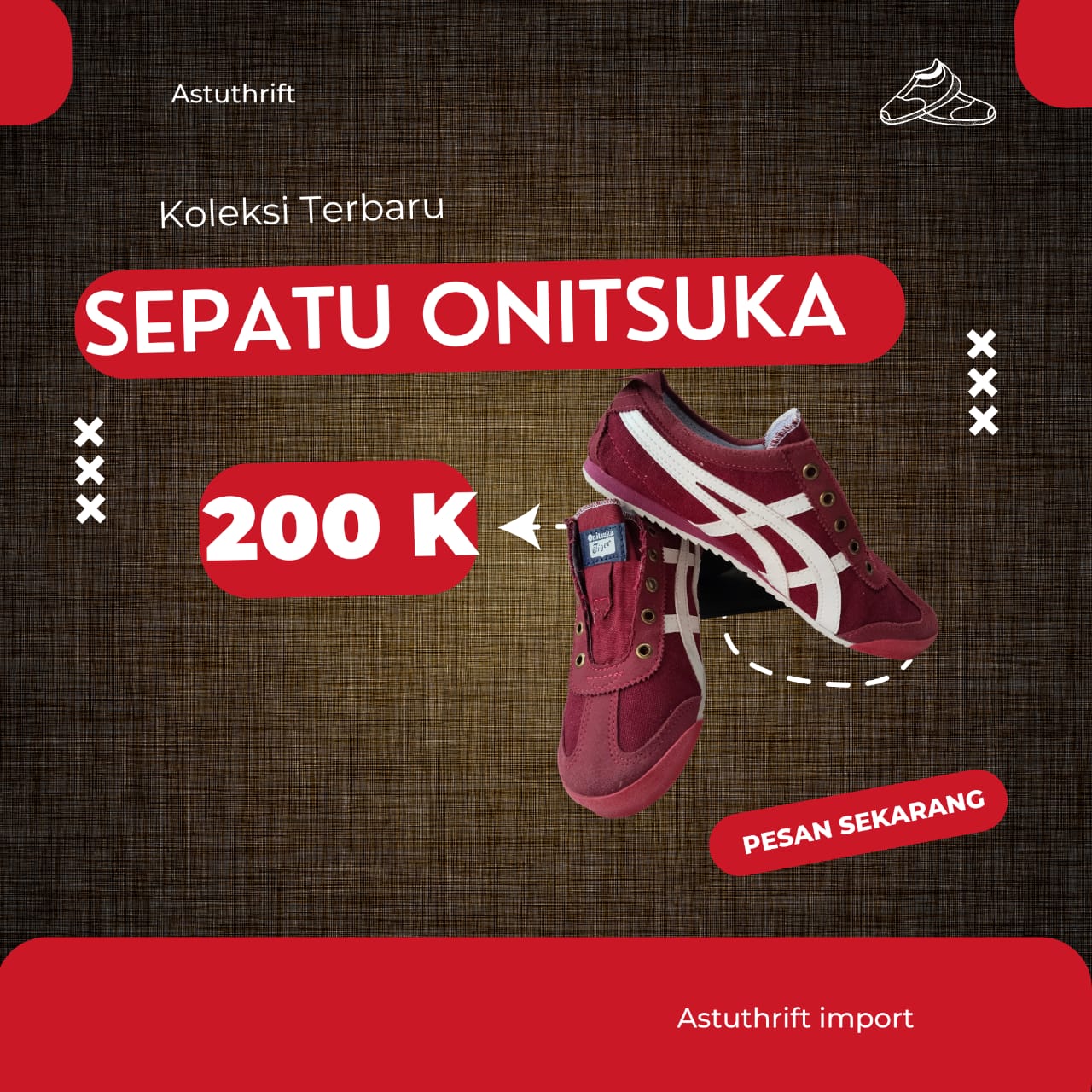 Sepatu Sneakers ONITSUKA Merah Putih tanpa Tali